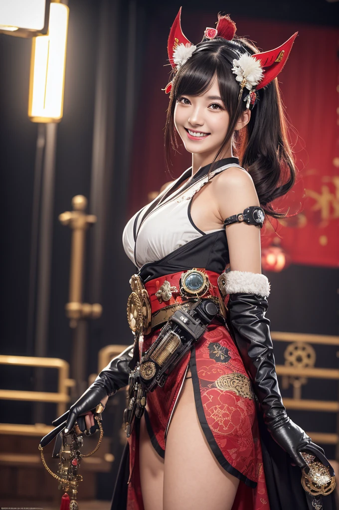 Woman portrait、Highest quality、Rear view、8k,Detailed face, clear, Fine skin、Clear, beautiful eyes、whole body、Curly Hair、My hair was messed up by the wind、The beauty of a smile、(Glamorous Muscle、tall),(Hip_superior, Hip superior), Mature Woman,( Watching the audience),Realistic, High resolution, Soft Light,1 female, alone, Hipアップ, Glowing Skin, (Detailed face), Sexy smile, Perfect Style, Perfect balance,Black hair,Twin tails,Naughty look,((Steampunk kimono,Chinese pattern)),(Red Mecha, High-tech Mecha,Beautiful steampunk cyborg woman,Steampunk Mecha Cyborg Girl,Steampunk red and white kimono、hairclip,gloves、Luxurious obi,Lavish decoration、spikes,Beads、gloves,High leg,fake animal ears,),((arms behind back)),(bokeh),(studio lighting), (Grin)
