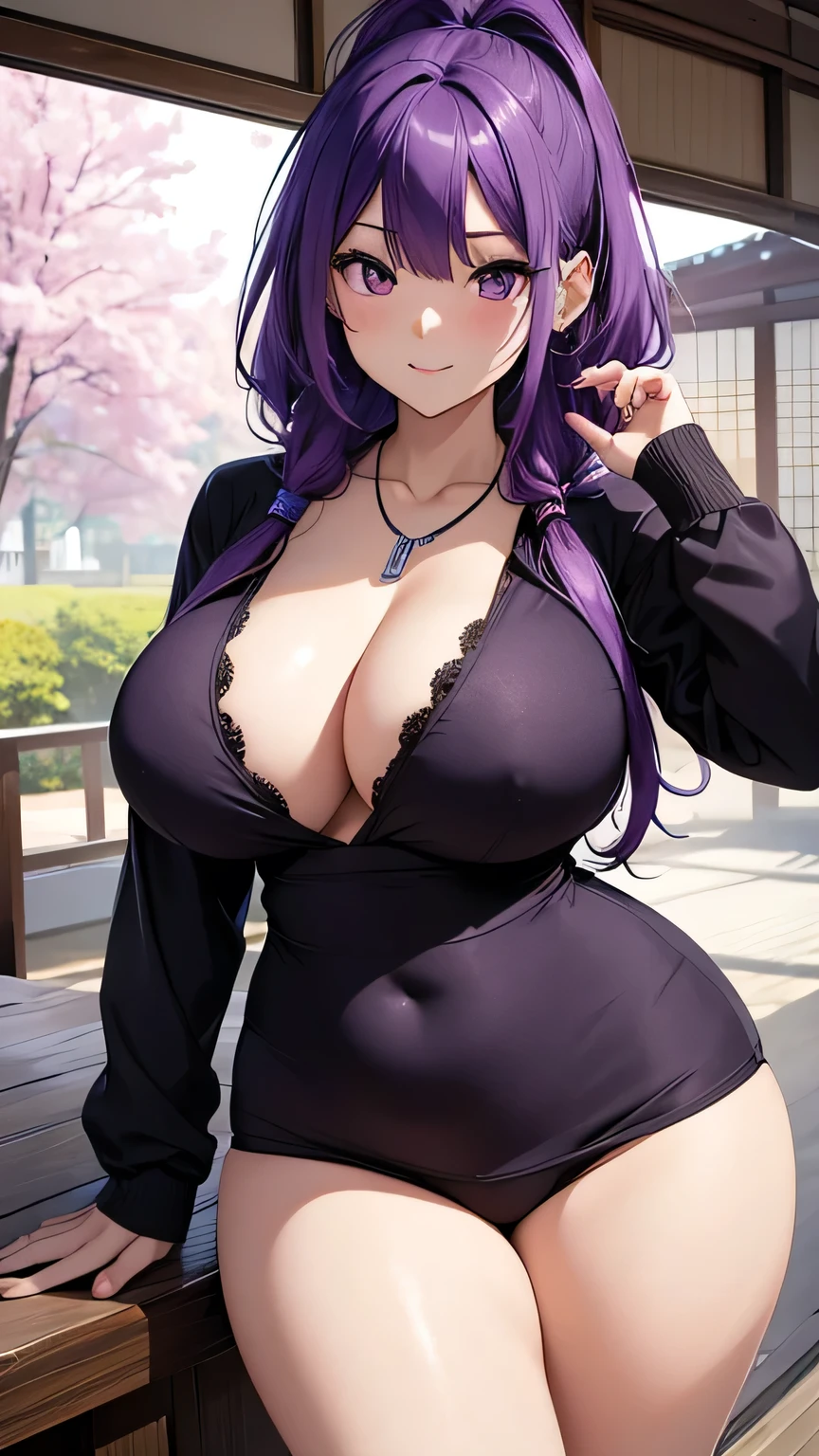 Best quality, high detailed, 8K quality, 4k resolution, stunning japanese girl, purple hair, necklace and piercing, gorgeous face, huge breast, curvy body, wearing Erotic Long Sleeve Performance Shirt and Capris: Ideal for cooler weather or sun protection, playful expression, pose with both hands, random hairstyle, playful expression, pose with both hands, random hairstyle