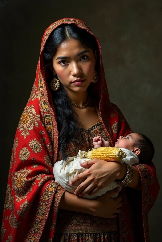 masterpiece, realist, high contrast, Caceres angel painting style, Mexican Rarámuri indigenous woman, with Mexican woven shawl, and held a corn cob,breastfeeding your , style work of angel of caceres, dark background, Abraham bloemaert, Rembrandt,