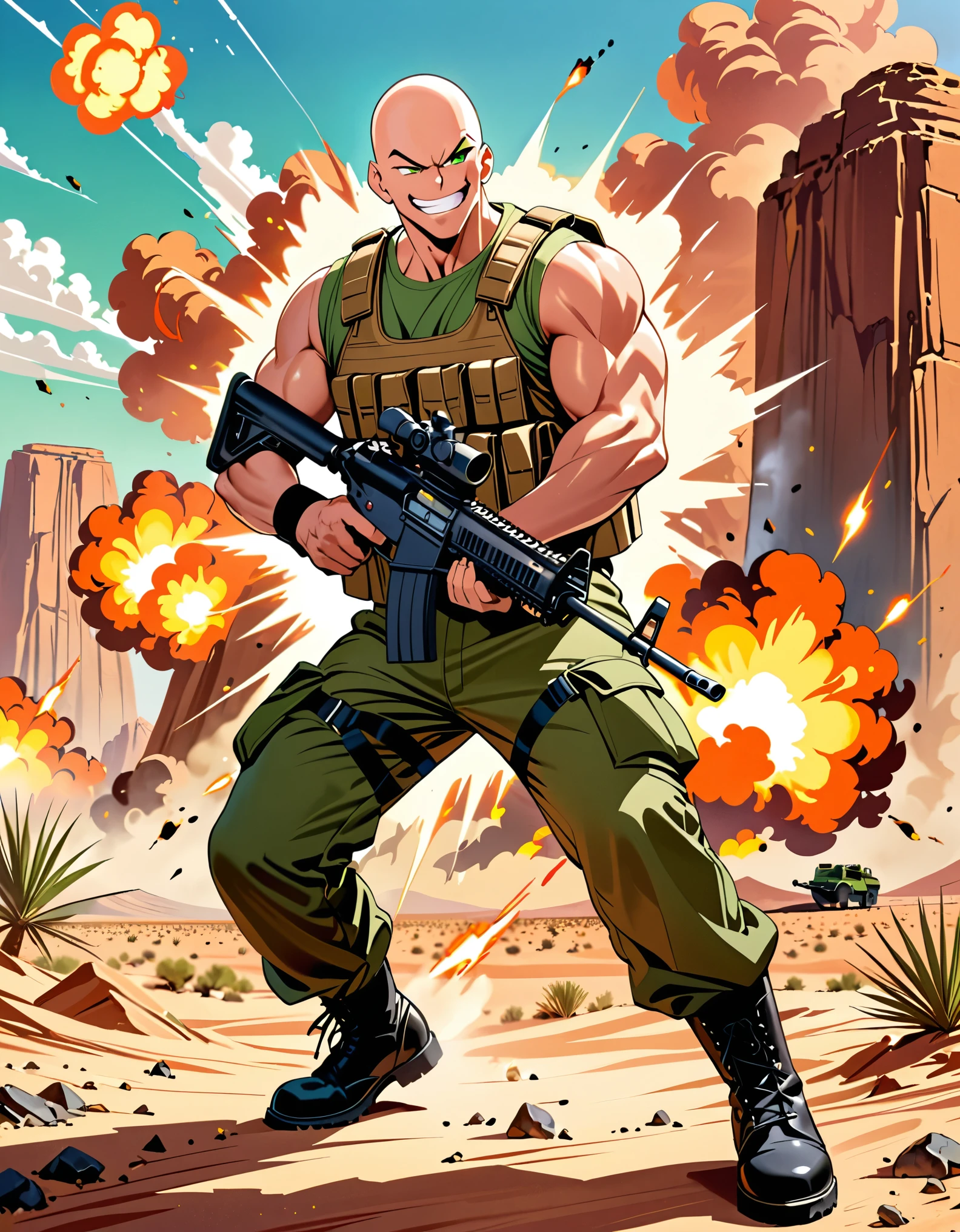 (masterpiece), (best quality), (high res), 1boy, solo, solo focus, male focus, finger proportions coordination, bald head, green eyes, full body, British, muscular, pectorals, sleeveless green shirt, assault vest, green cargo pants, black combat boots, green wristbands. dynamic action pose, looking at viewer, using assault rifle, (smug look, big smile, clenched teeth), (smoking). semi-cartoon style, desert backdrop, embers, explosions, daytime, Cowboy Shot. adventure atmosphere, movie poster, action movie poster, 80's movie poster style.