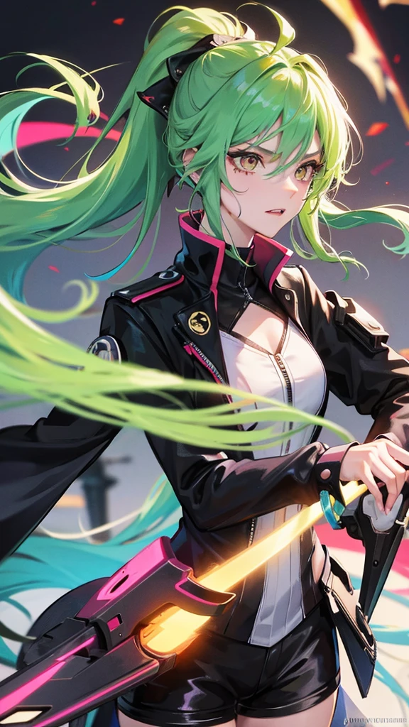 1 girl, anime, futuristic setting, tall, elegant tuxedo, neon green hair, pink streaks in hair, orange eyes, muscular, sleeves rolled up, messy hair, ponytail, beauty marks, moles, sharp teeth, shark tail, smirk