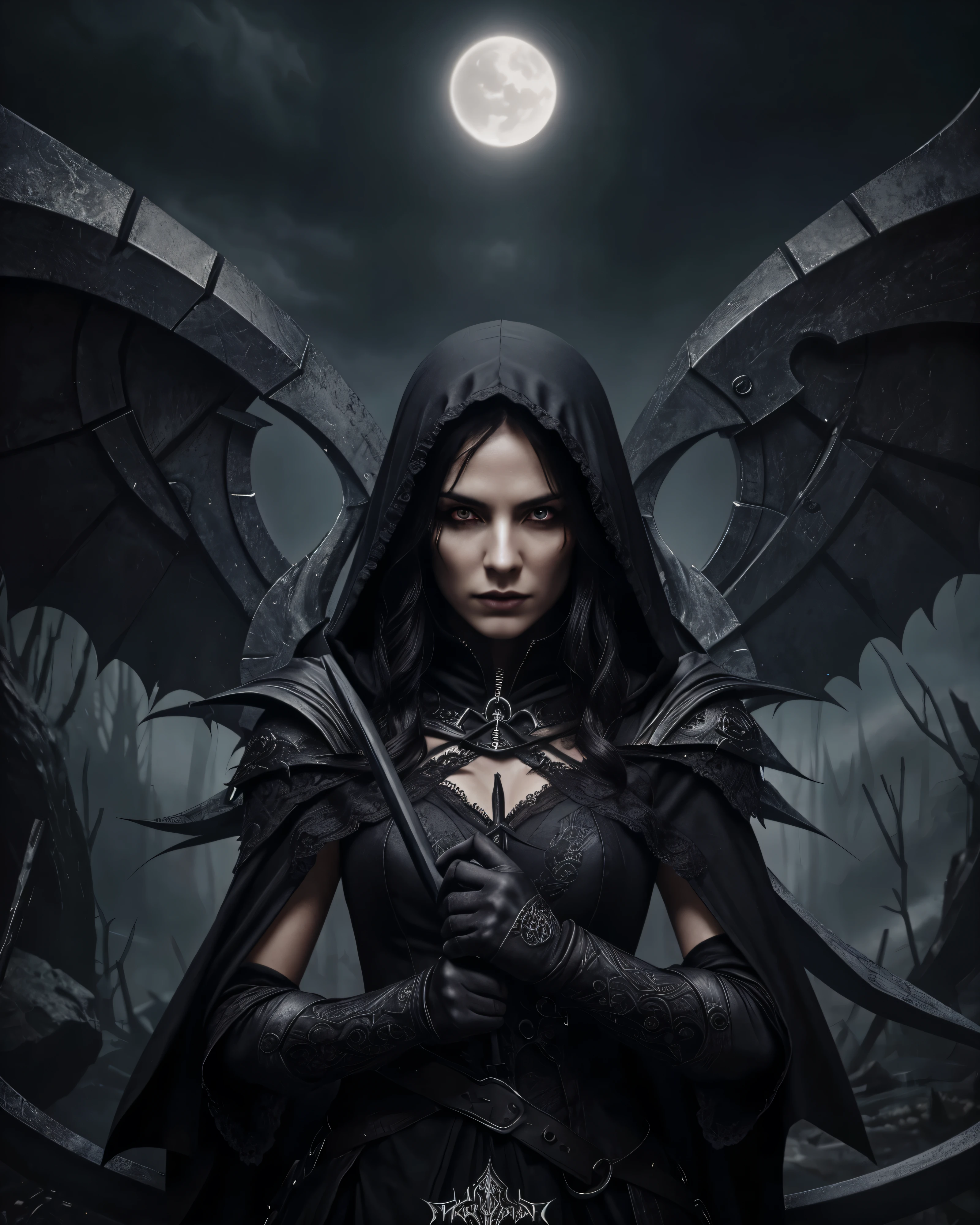 a female grimm reaper warrior, dark hooded robe, scythe weapon, gothic fantasy, intricate details, dark moody lighting, dramatic pose, intense glowing eyes, detailed facial features, long flowing hair, dark shadowy background, photorealistic, 8k, highly detailed, cinematic, dramatic lighting, dramatic atmosphere, striking pose