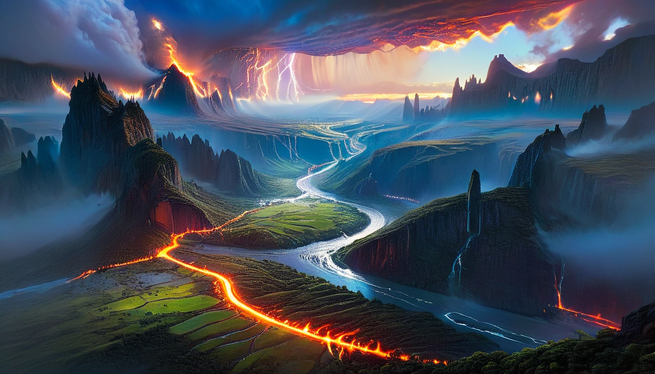 best quality,4k,8k,highres,masterpiece:1.2),ultra-detailed, (large masterpiece digital art), (detailed manga illustration), (detailed line art), cinematic lighting, (intricate details:1.3), (ultra-detailed:1.3), (illustration:1.3), (sharp focus:1.3), (natural lighting:1.05), (vivid colors:1.3), (masterpiece), (best quality:1.4), dynamic lighting, high quality, The Chaotic Empyrean Dominion of Dracosphere is a realm of stark contrasts and breathtaking beauty. The skies are often painted with storms of swirling colors, casting vibrant hues across landscapes filled with both chaotic energy and serene elemental harmony. Towering peaks with molten summits pierce the sky, while lush forests with trees ablaze in ethereal flames stretch across vast plains. Rivers of liquid fire flow alongside streams of shimmering crystal, and the air is alive with the roar of dragons and the whispers of arcane magic., cinematic lighting, dramatic atmosphere, Atey Ghailan, Jeremy Mann, Greg Manchess, Antonio Moro, trend in ArtStation, trend in CGSociety, Intricate, High Detail, Sharp focus, dramatic and photorealistic painting art by Midjourney and Greg Rutkowski, Jeff Bridges, ((cartoon style)), Marvel Cinematic Universe style,