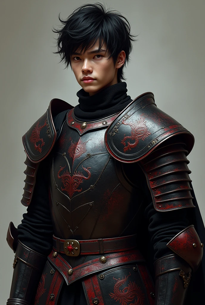 handsome young man with messy neck length black hair and dark eyes, clad in black and red targaryen armor with dragon scale pattern. Full-body image.