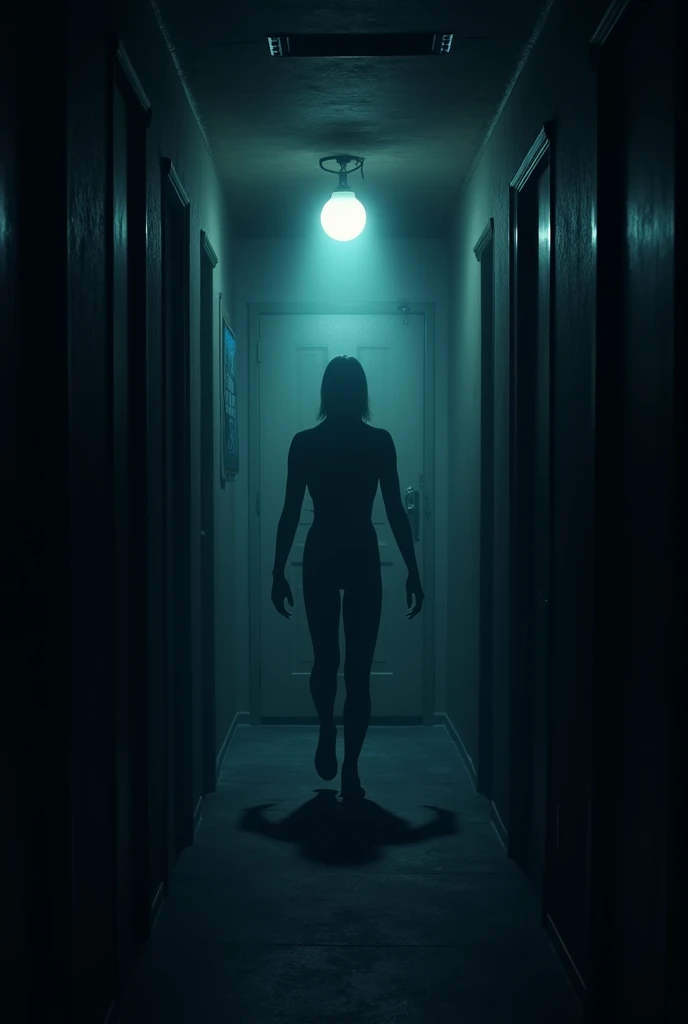 A podcast titled in Spanish: Tales of the Night, a shadow at the end of a hallway with lights shining with a bulb that turns on and off