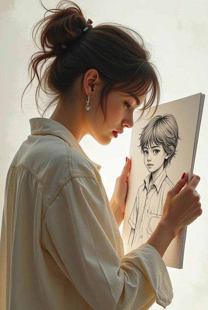 An artist women making sketch of a boy, she is hug this sketch, looking like sketch coming outside the canvas
