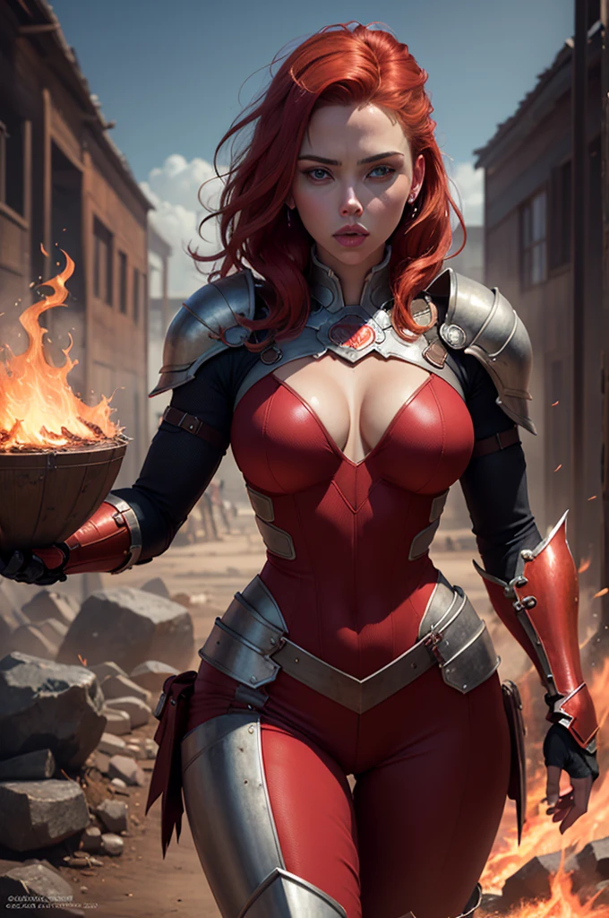 scarlett johansson, beautiful milf, red hair, green eyes, hourglass figure, large breasts, warrior, red armor, flame fantasy theme, half body, masterpiece, best quality, ultra detailed, realistic