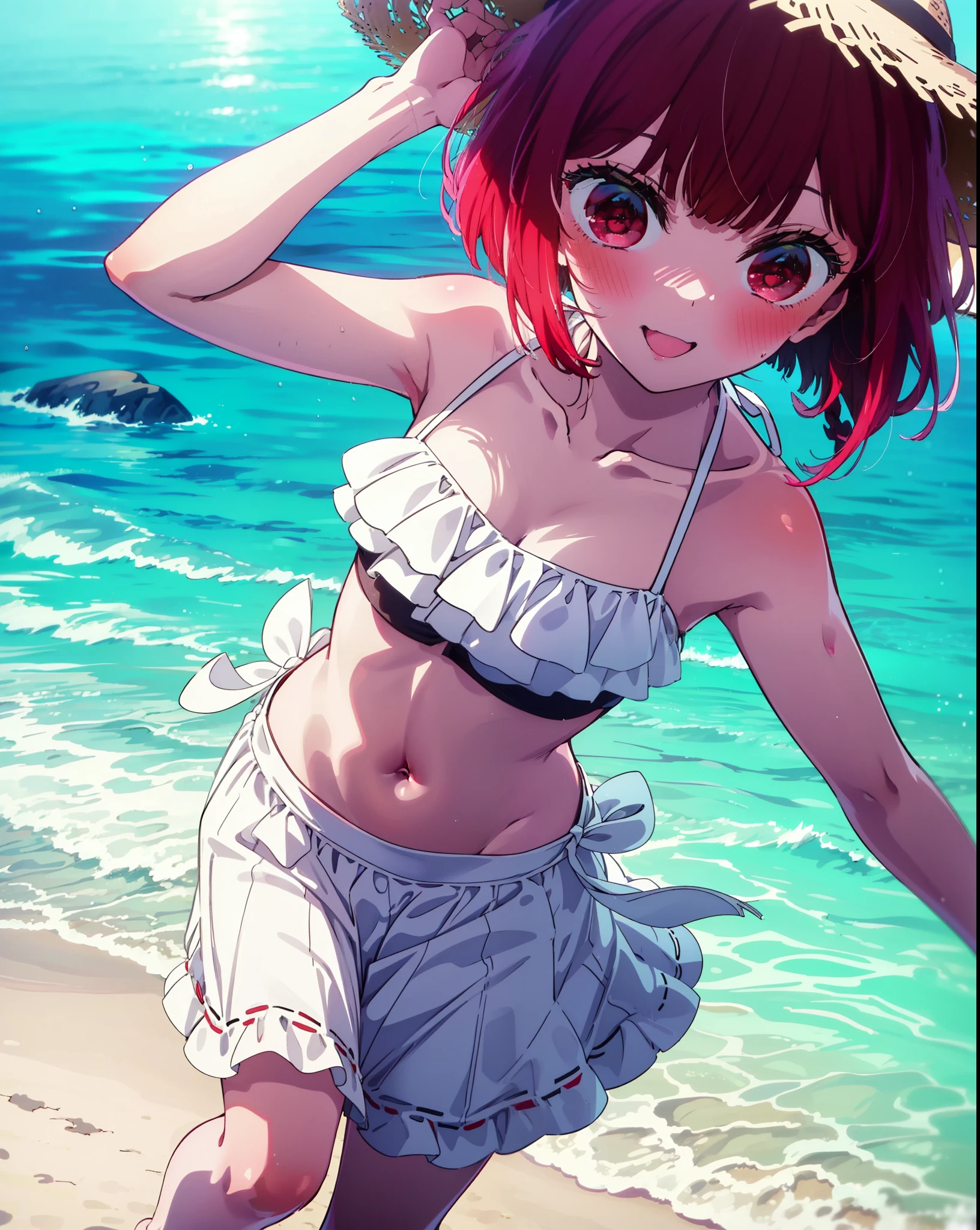 canary, Arima etc., short hair, bangs, (Red eyes:1.3), Redhead, Bobcut, Straw hat,smile,Open your mouth,blush,White string bikini swimsuit with frills,Belly button,abdomen,A thin long skirt is wrapped around her waist,barefoot,Sandy Beachを散歩している,whole bodyがイラストに入るように,
break outdoors, Sandy Beach,Beach,
break looking at viewer,whole body,
break (masterpiece:1.2), Highest quality, High resolution, unity 8k wallpaper, (figure:0.8), (Beautiful attention to detail:1.6), Highly detailed face, Perfect lighting, Highly detailed CG, (Perfect hands, Perfect Anatomy),