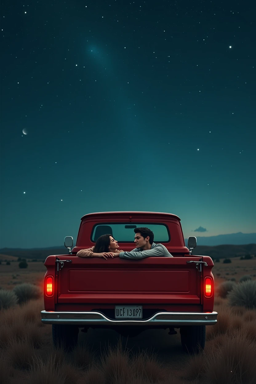 Create an image of a couple in a red pickup truck lying in the back of the truck looking up at the stars
