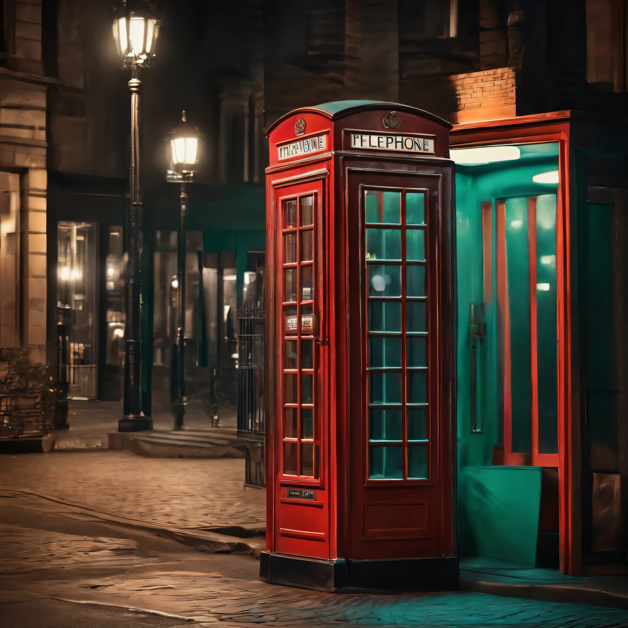 Draw a street telephone booth at night
