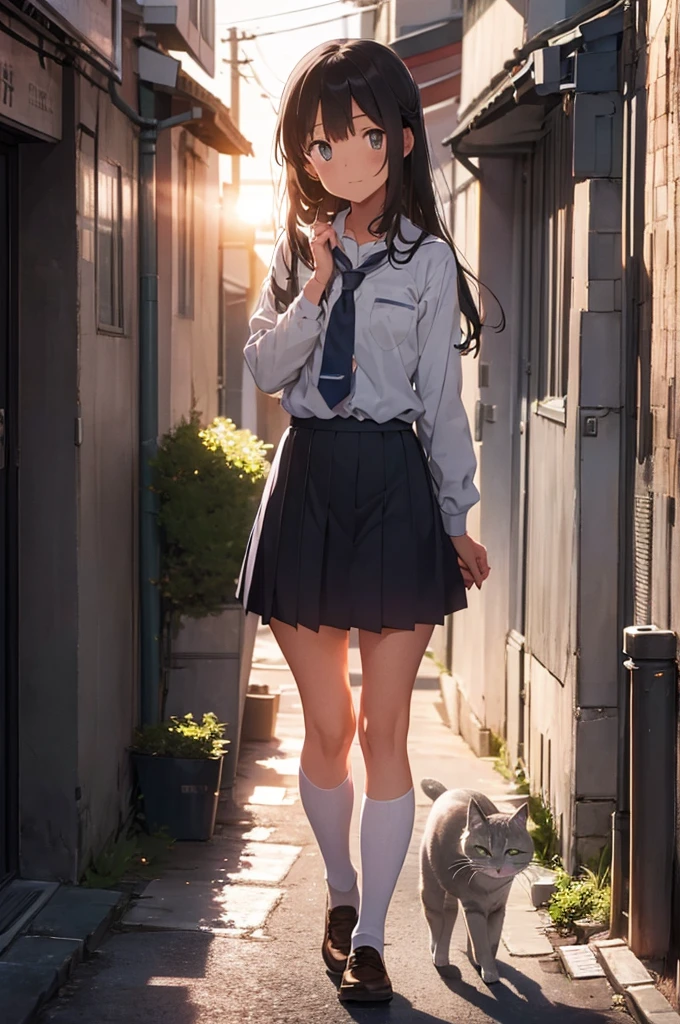 girl in school uniform petting a grey cat, alleyway, sunset, 50mm lens