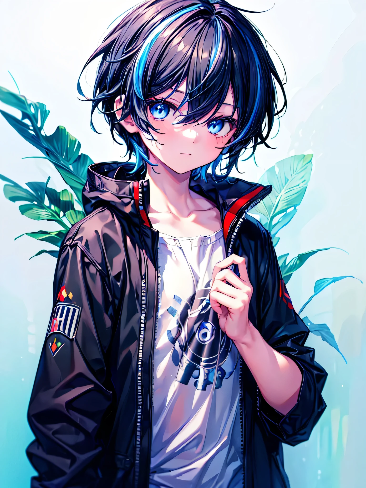 [(SKY BLUE BACKGROUND:1.5),::5], ((((masterpiece)))), high quality, ultra very high resolution, full color, (((solo))), (( boy)), BLACK hair, ((Blue streaked short hair)), (oriental deepblue eyes), anime, ((upper body)), Summer clothes, black parka,