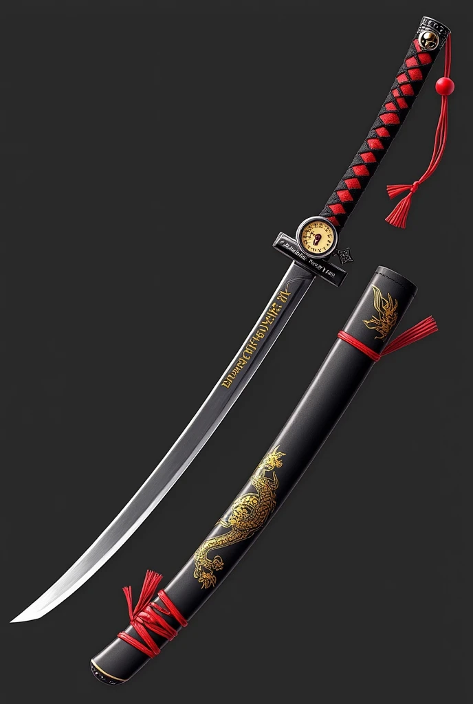 Katana (Anime Style):

A 105 cm katana with a 30 cm handle wrapped in black leather with red diamond patterns and a red tassel. The handle features a small dial set to 11 with a skull symbol. The black steel guard has a coiled golden dragon. The 75 cm blade is sleek, slightly curved, polished with a glowing hamon, and engraved with "Reikon no Yaiba" near the guard. The black scabbard has red accents and golden dragon designs. The art should be in a detailed anime style.