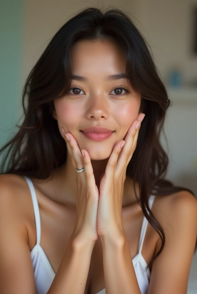 Tabletop, Highest quality, shape, Very detailed, finely, High resolution, 8k wallpaper, 完璧なダイナミックな構shape, Beautiful and detailed,ランダムなcute髪,,Natural color lip, Bold sexy pose,smile、20-year-old girl、cute、Looking into the camera,Always blur the background,Perfect and beautiful face,Slim face and figure,Big eyes、Putting on gal makeup,Small face,Shooting from below、smile,Blurred Background,Elegant feminine face、In underwear、smile、Hands in front、Randomly change the shooting angle and position、One person