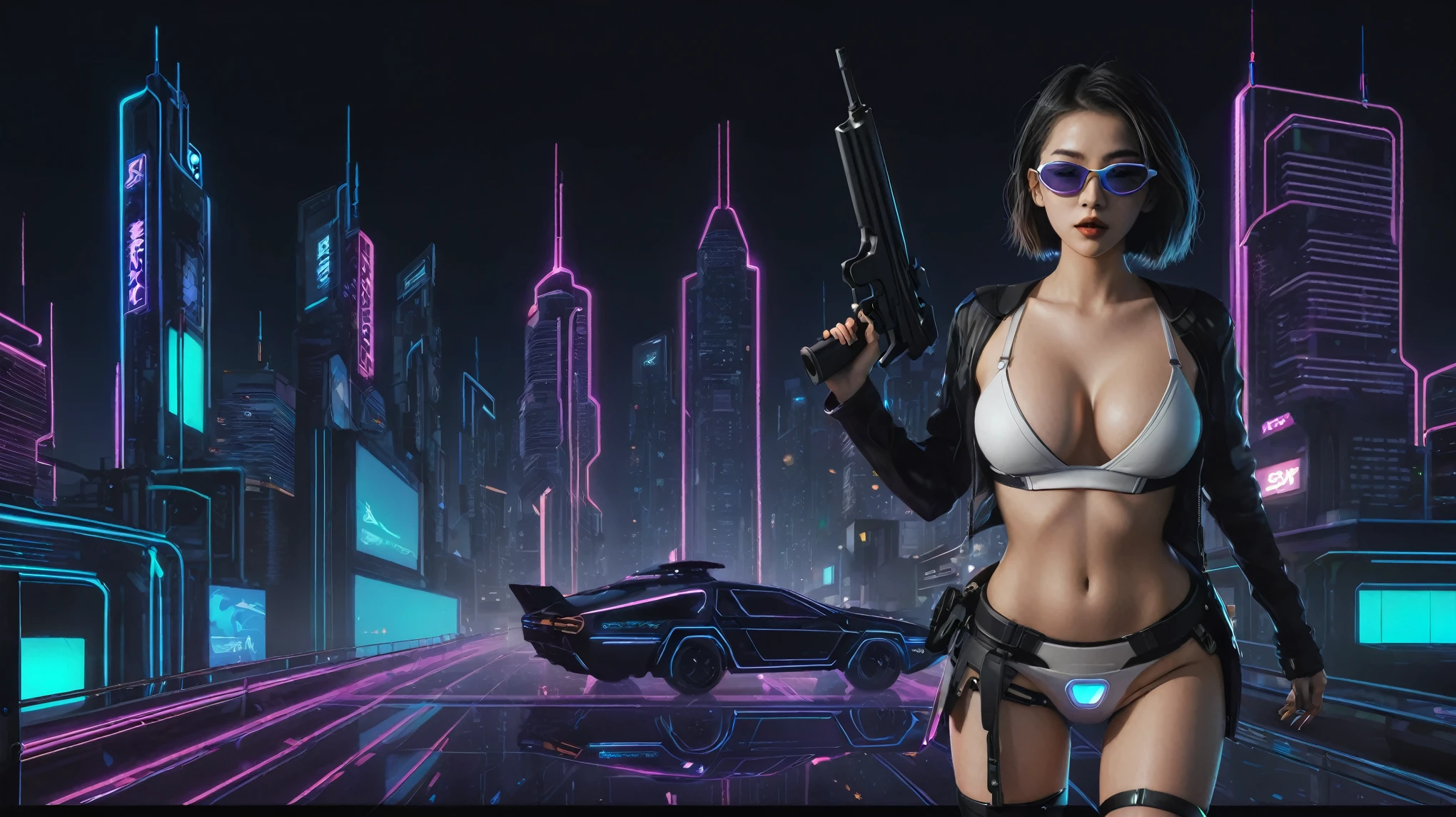 At night, simple outlined cyberpunk city, flying cars, line art background. (1girl, solo), photo realistic, medium-breast:1.3 slim body, cleavage, sling top, miniskirt, black sunglasses, holding a short gun, half-body thigh level medium shot, cinematic lighting, ray tracing.