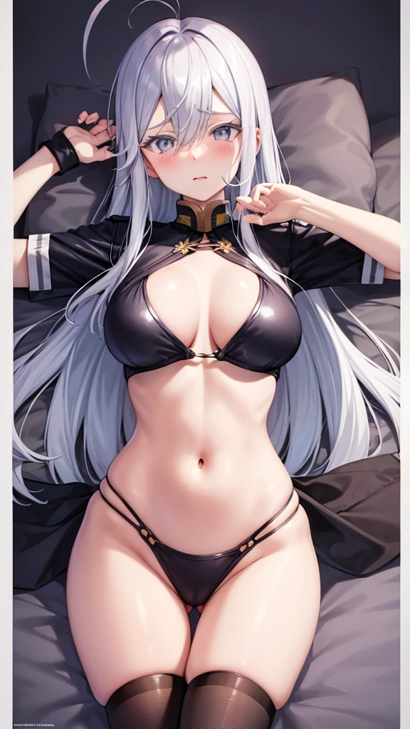 Vladilena Miles,Beautiful eyes,Doujinshi, alone,woman, 成熟したwoman,masterpiece, Highest quality,Gray Hair,tits,nipple, naked,No clothes,chest,Climax,Real young gravure idol, tits proportions, tits,tits cyberpunk, Naughty,Naughty style,Lying on your back,Embarrassed face,Thighs,Hair between the eyes, Long Hair, Ahoge, Perfect body, Watching the audience,Mouth open, blush,bed,Highest quality, High resolution,4K images,Ultra HD,hat, military, military hat, Peaked cap, thighhighs