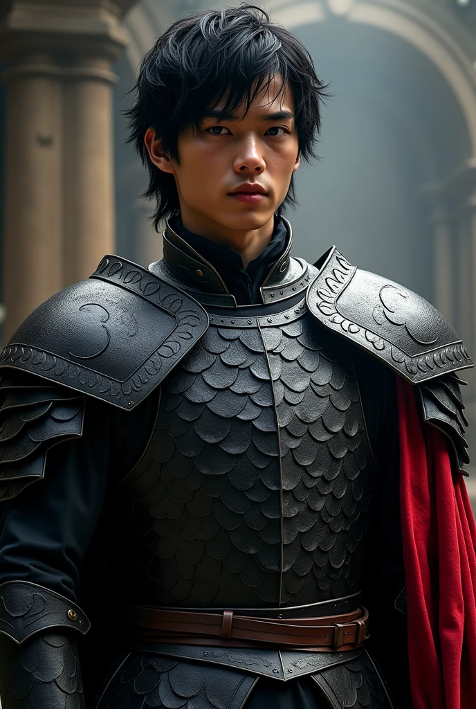 handsome young man with messy neck length black hair and dark eyes, clad in black and red targaryen armor with dragon scale pattern. Full-body image.