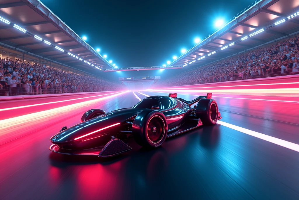 A high-energy digital artwork of a futuristic racing event, with sleek, high-speed vehicles on a neon-lit track, the crowd cheering, and the racers in dynamic poses, conveying the excitement and innovation of future sports. ,photography, Natural geographic photo, Hyper-realistic, 16k resolution, (masterpiece, award winning artwork), many details, extreme detailed, full of details, Wide range of colors, high Dynamic, OverallDetailXL,