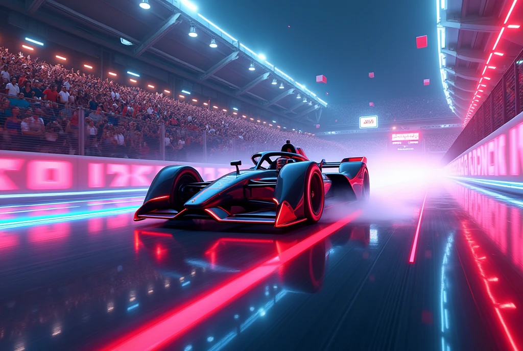 A high-energy digital artwork of a futuristic racing event, with sleek, high-speed vehicles on a neon-lit track, the crowd cheering, and the racers in dynamic poses, conveying the excitement and innovation of future sports. ,photography, Natural geographic photo, Hyper-realistic, 16k resolution, (masterpiece, award winning artwork), many details, extreme detailed, full of details, Wide range of colors, high Dynamic, OverallDetailXL,