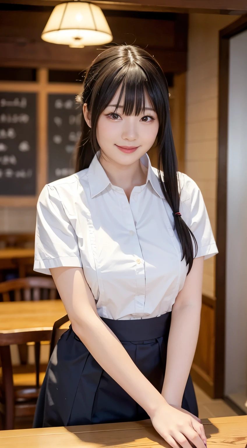 (Highest quality,masterpiece:1.3,Ultra-high resolution,),(Very detailed,Caustics),(Realistic:1.4,RAW shooting,)Ultra-Realistic Capture,Very detailed,High resolution 16K human skin closeup。 Natural skin texture、,pores、、、、It must be detailed enough to be easily identifiable。 Skin tone is even and healthy looking。 Use natural light and colour,restaurant,Waitress Uniform,1 girl,Japanese,18-year-old,cute,Black-haired,ponytail,Big Breasts,smile,Turn your body forward,(Front view:1.1),Looking into the camera,Cowboy Shot,