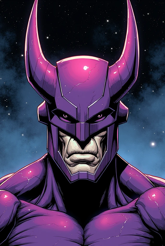 Classic comic book galactus With the purple bucket with the more rectangular antlers on the sides down on his head Make his helmet more bigger and more like Has a human mouth and a nose And make him have More like Batman’s helmet where