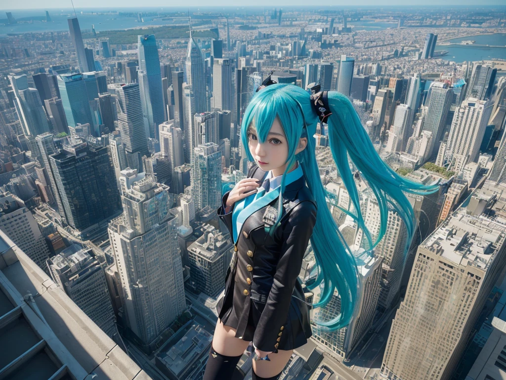 ((Description of Super Giant、8k、Realistic、Hatsune Miku、Cosplay、Japanese women、Cosplayイヤー、Large Breasts、Highly detailed depiction of the giant、Much larger than a skyscraper、very small metropolis, Miniature metropolis, 足元までの高さしかないMiniature metropolisで、Walking from afar、top view))、((Ultra HD、Hatsune Miku分身する、one girl clones、Highly detailed avatar art、Hatsune Mikuがたくさん、Hatsune Mikuのクローン増殖、数百人のHatsune Mikuたち、数年人のHatsune Mikuたち、Unrestricted))