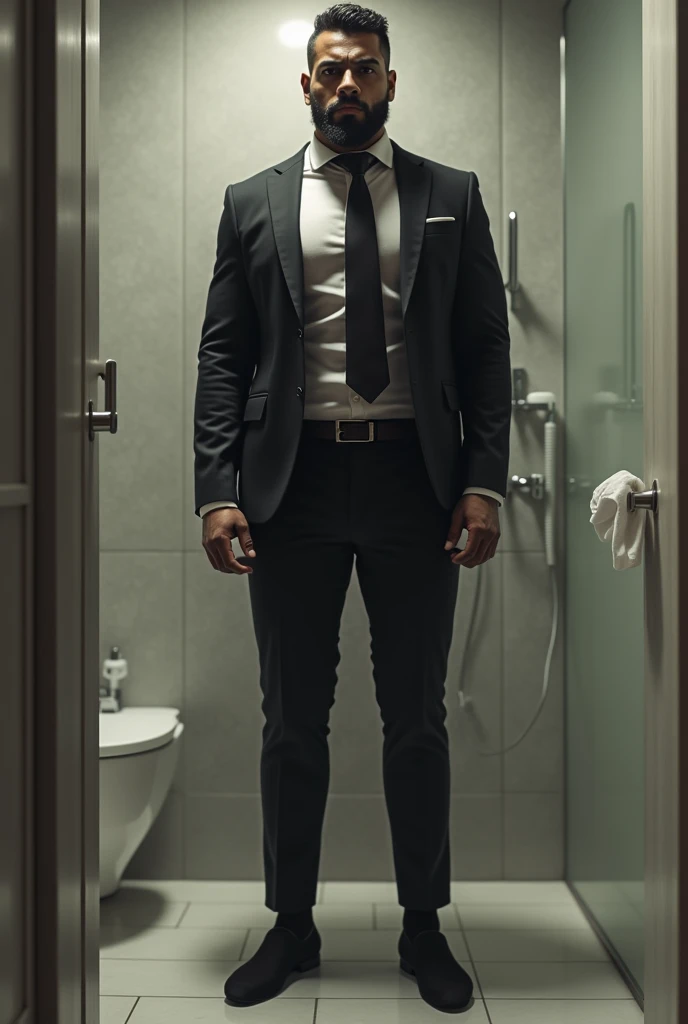 35 yers old，Muhammad Quzaiman ，（Malay malaysian) bathroom，A man standing up，Crotch contour，wearing a black suit and tie，with goatee，tmasterpiece，k hd，the feet，semi transparent，black long socks，The barefoot，Thick chest hair，dark-skin，milkyW，scowling,muscular