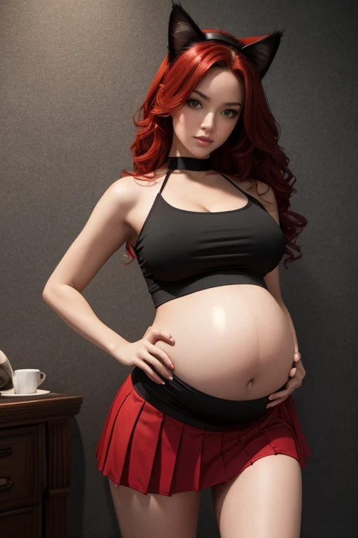8k, masterpiece, very realistic, Full body Sexy pregnant cat woman, cat ears, very slim waist, slim thighs, pleated red mini skirt, black crop top, wavy red hair, medium breasts, pregnant, curved back, cat-like pose,