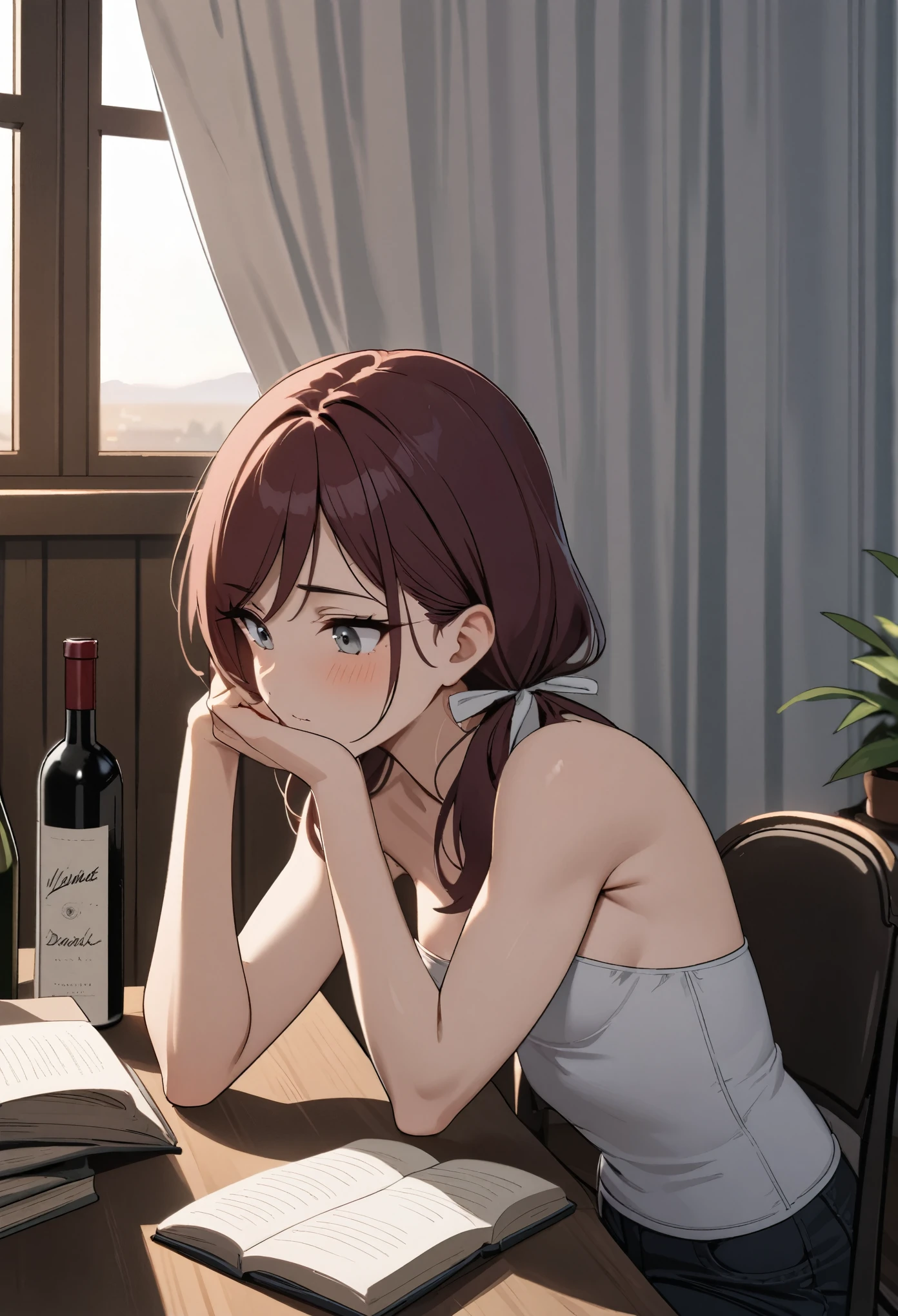 (masterpiece, best quality), stoic, drunk young woman leaning forward in chair, hand on own face, looking down at book, biceps, book, beautiful face, upper body, close up, Gray eyes, dark red hair, swept bangs, low twin tails, white ribbons, gray strapless shirt with white trim, black jeans, small breasts, toned arms, fluttering curtains, dusk, wine bottle, glass, sitting on chair in front of desk, wooden walls, lone window, table with cloth, potted plants, empty bottle on side,