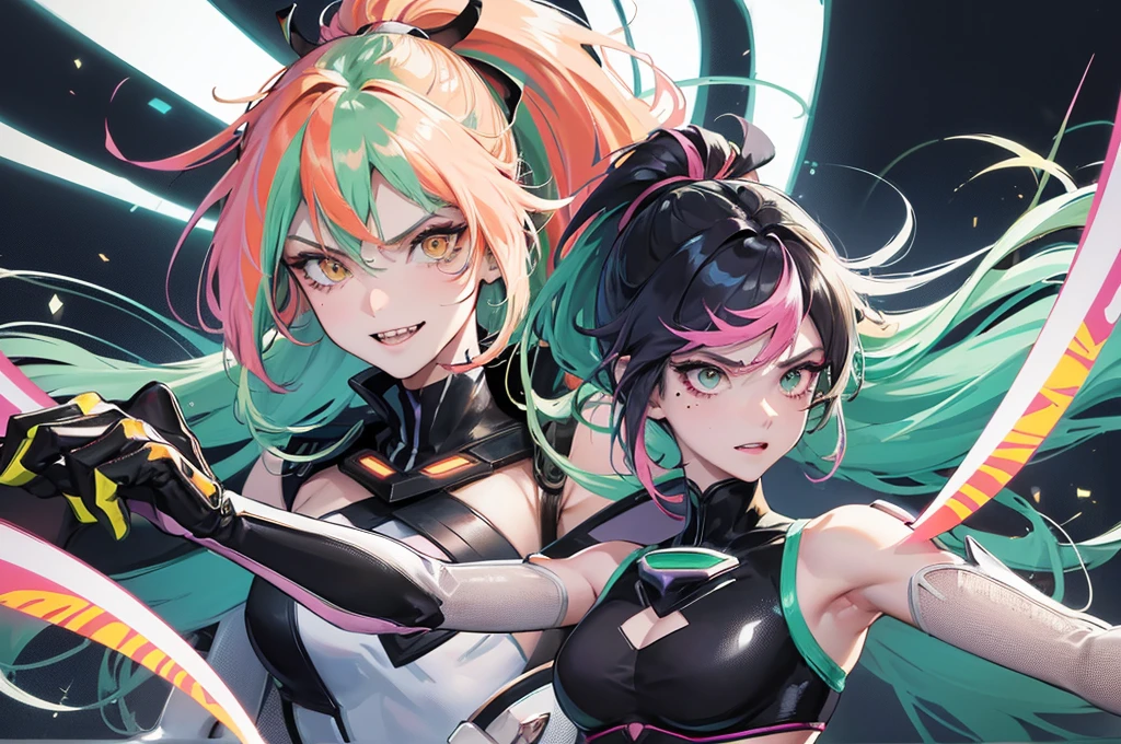 1 girl, anime, futuristic setting, tall, elegant tuxedo, neon green hair, pink streaks in hair, orange eyes, muscular, sleeves rolled up, messy hair, ponytail, beauty marks, moles, sharp teeth, shark tail, smirk