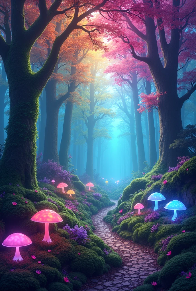 "A magical forest with trees that have leaves in every color of the rainbow. The forest floor is illuminated with glowing mushrooms in neon green and blue, and beams of colorful light filter through the canopy above, casting a kaleidoscope of colors on everything below.