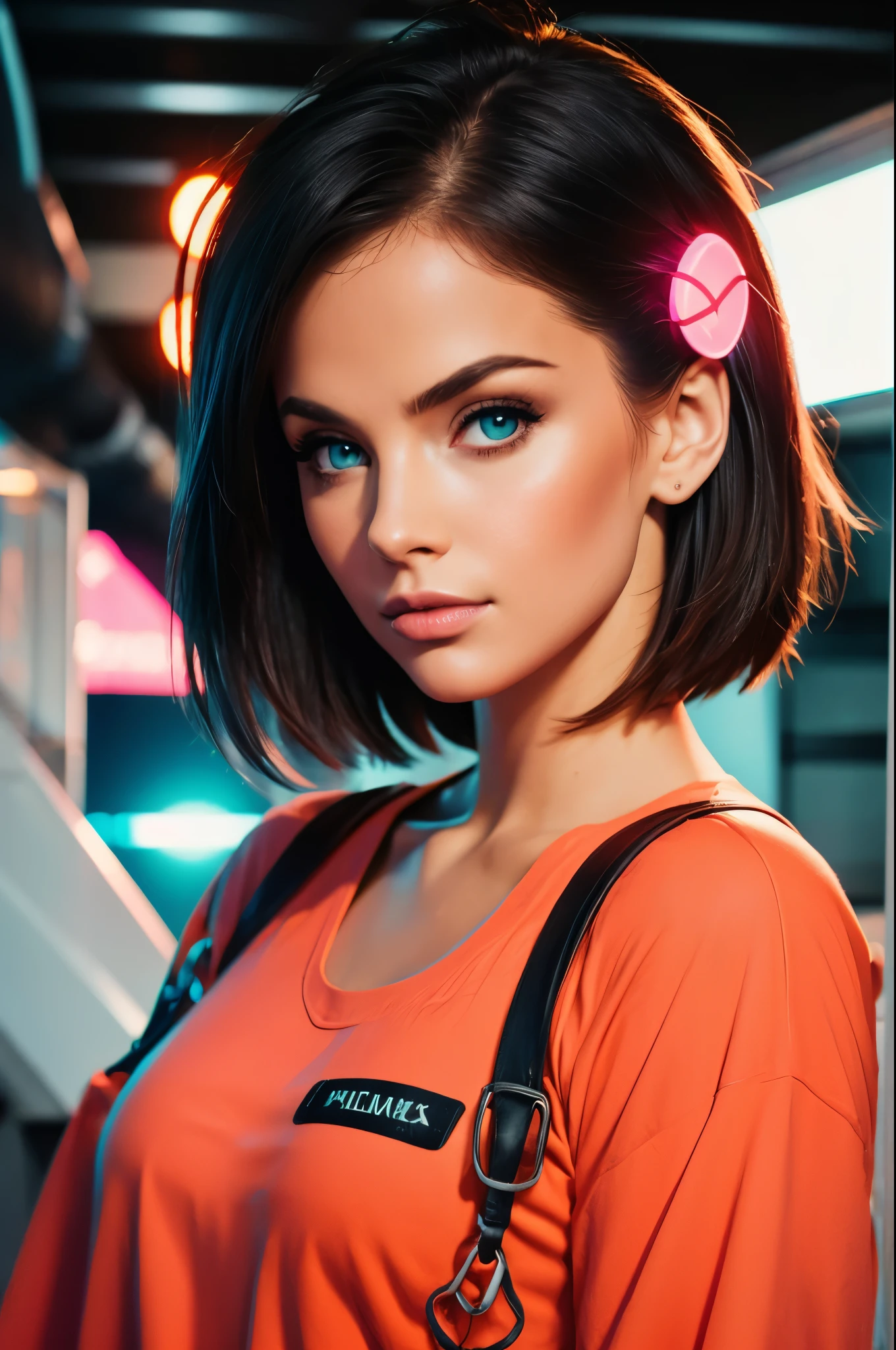 fashion portrait color photograph, woman, upper body, neon lights, x-files, alien abduction