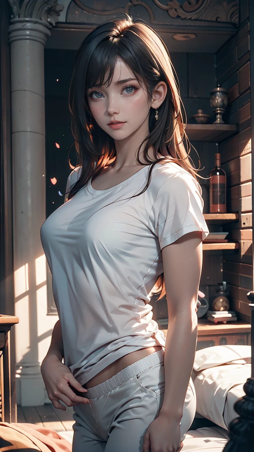 White T-shirt, Adorable,Hail 33, 18-year-old(1.0),(Scattered beneath the surface:1.1),Sharp focus,Award-winning photo,Professional portrait photography,RAW Photos (Highly detailed background:1.2),(Fantasy:0), Dramatic lighting, Full body portrait, Are standing, Full body photo, Full body photograph, Full Body Shot,