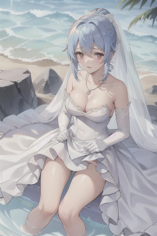 prinz eugen \(warship girls r\),((masterpiece)),(((best quality))),((ultra-detailed)),((illustration)),((disheveled hair)),((frills)),(1 girl),(solo),1girl, solo, hair ornament, glossy lips, medium breasts, wedding dress, upset, scared, elbow gloves, (sinking in mud), garden, necklace, from above, (wedding dress spread on ground),Red eyes with highlights, Blue short hair(delicate eyes), ponytail, hair tying, Double tail,