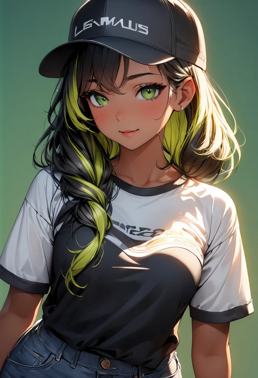 (highest quality:1.2, Very detailed, up to date, Vibrant, Ultra-high resolution, High Contrast, masterpiece:1.2, highest quality, Best aesthetics), Portraiture、girl、Bright colors、Beautiful fine details、Beautiful lip detail、long hair、ponytail, white and yellow green ((streaked hair:1.6)), highlights hair: 1.5, (small breast,:1) (tan skin:1.1), 、((sleeveless top:1))、loose fit, ((Carrying an electric guitar case on shoulder:1)), walking in town