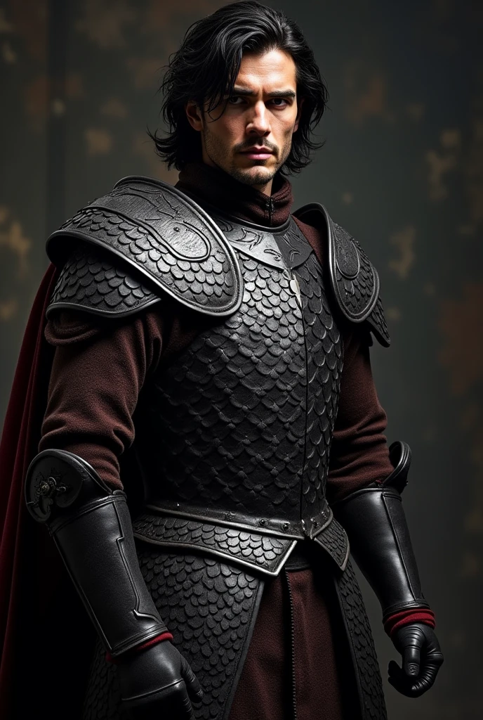 handsome man with messy neck length black hair and dark eyes, clad in black and red targaryen armor with dragon scale pattern. Full-body image.