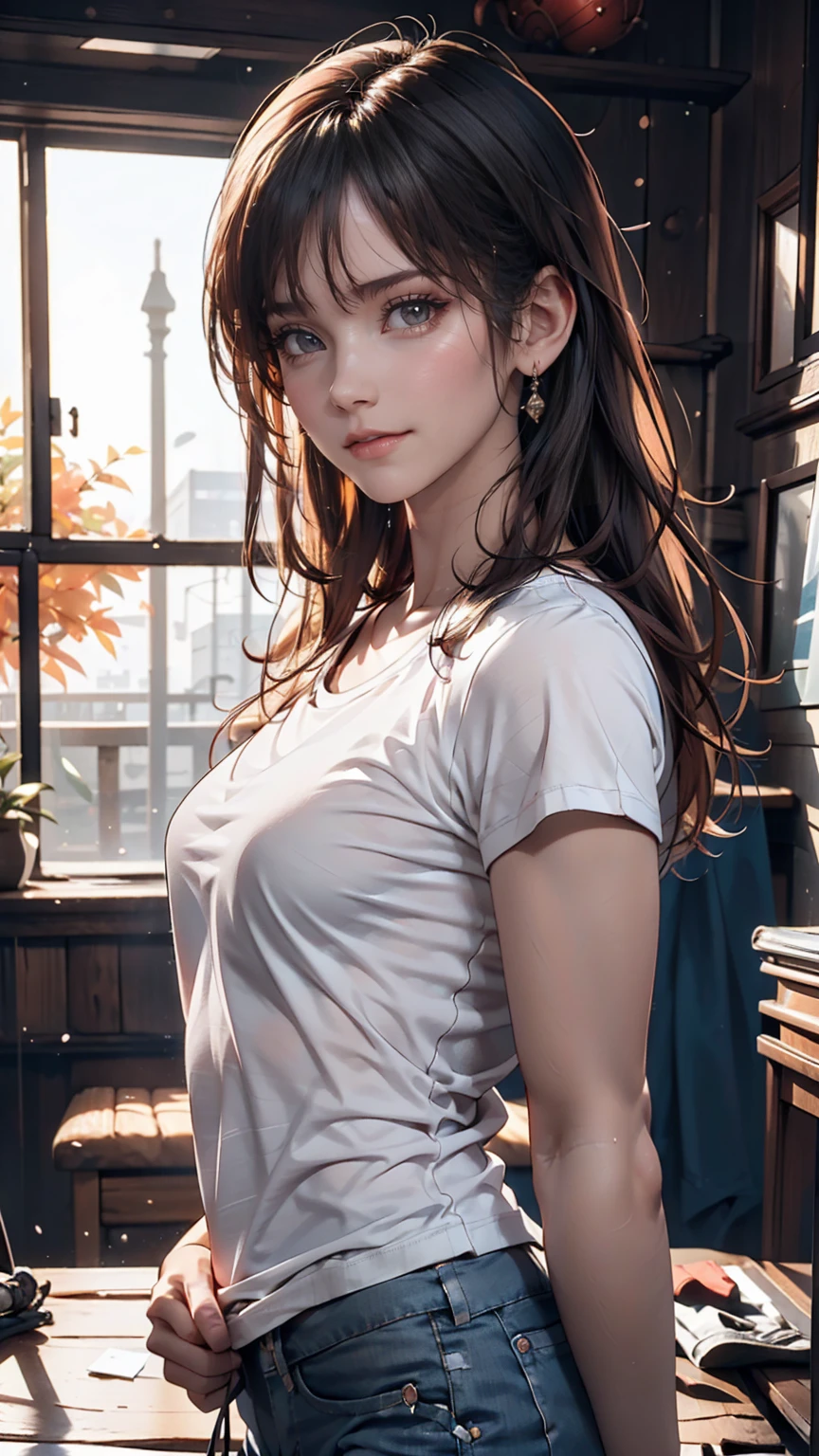 White T-shirt, Adorable,Hail 33, 18-year-old(1.0),(Scattered beneath the surface:1.1),Sharp focus,Award-winning photo,Professional portrait photography,RAW Photos (Highly detailed background:1.2),(Fantasy:0), Dramatic lighting, Full body portrait, Are standing, Full body photo, Full body photograph, Full Body Shot,