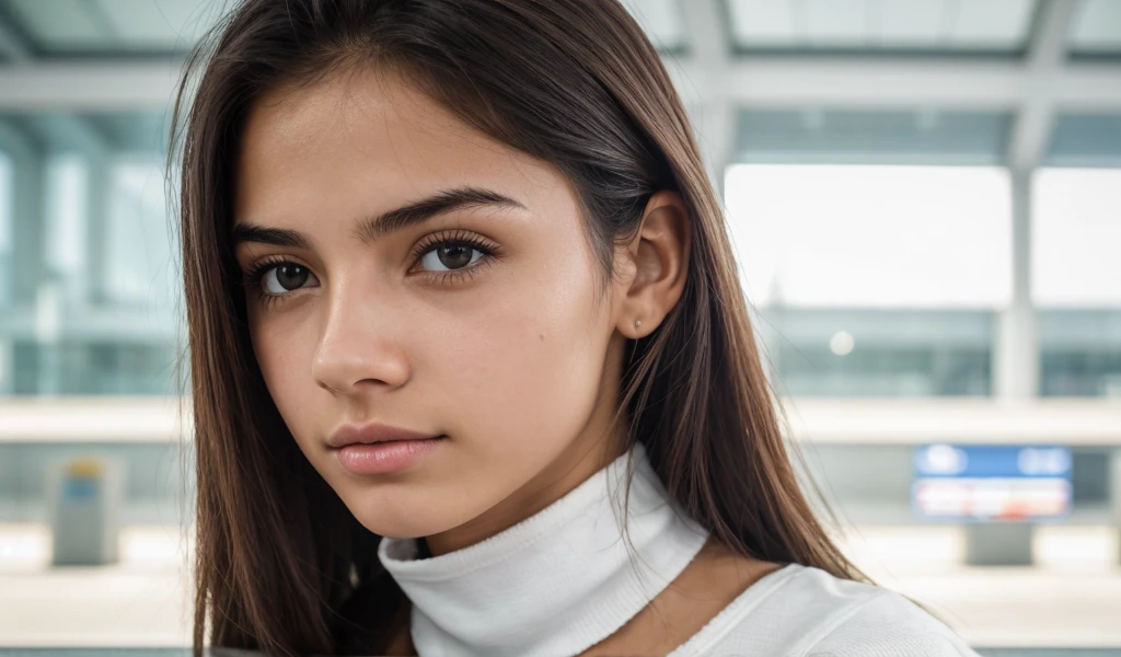 RAW photo, 18 year old Brazilian girl, white skin, casual outfit, light makeup, lip gloss, realistic skin texture, sharp focus, cinematic photorealistic, airport