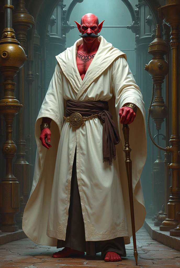 Red Tiefling men for Dugeons and dragons,bald ,tunic color white ,magician, tematic Steampunk ,with cane,french mustache