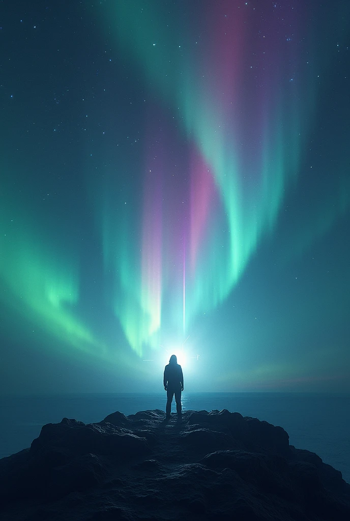 Dark place like the void of space, with a bright light far away, a person surrounded by colorful aurora borealis