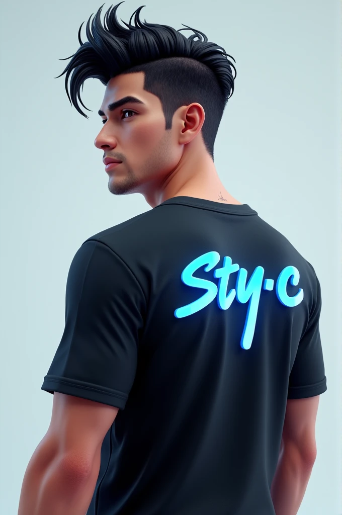 3D cowok cool, handsome, esport game, wearing a black shirt with Sty-c written in blue on the back