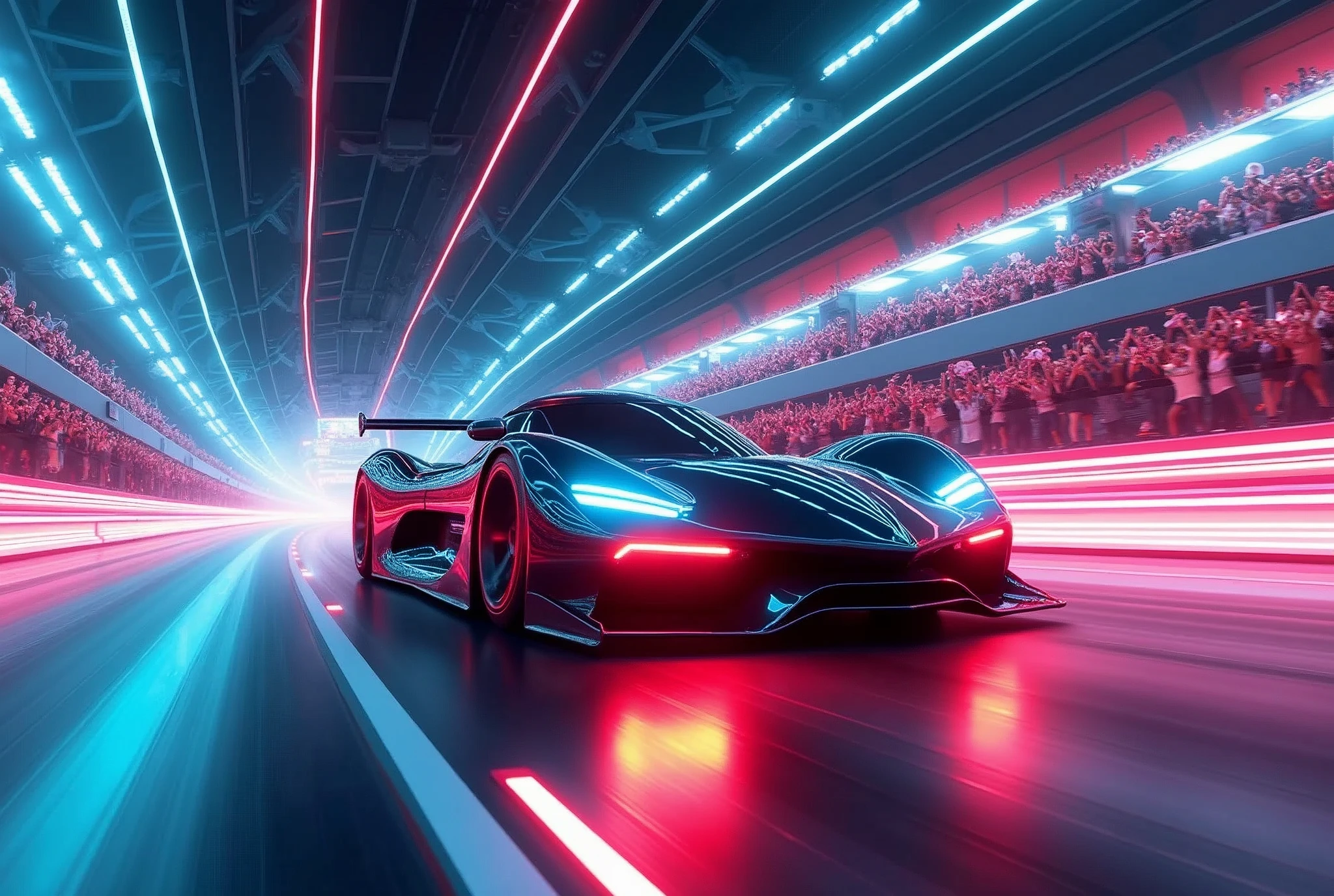 A high-energy digital artwork of a futuristic racing event, with sleek, high-speed vehicles on a neon-lit track, the crowd cheering, and the racers in dynamic poses, conveying the excitement and innovation of future sports. ,photography, Natural geographic photo, Hyper-realistic, 16k resolution, (masterpiece, award winning artwork), many details, extreme detailed, full of details, Wide range of colors, high Dynamic, OverallDetailXL,
