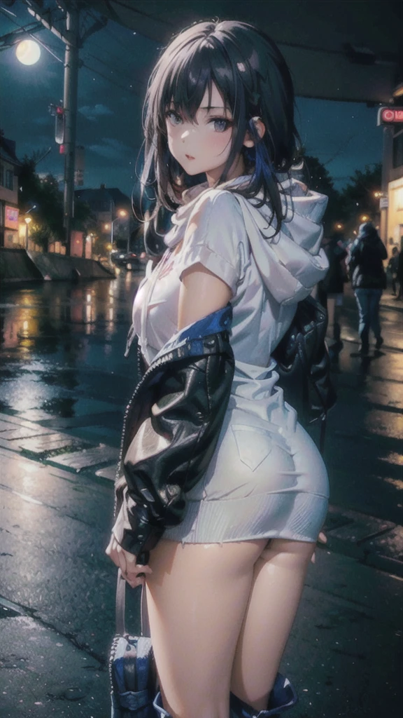 (High resolution),One Girl,(The street where the river flows),(European cityscape),look back,whole body,silhouette,Big Breasts,night,full moon,(Moonlit cityscape),(In front of the road to the clock tower),(Girl in the distance),Grey hoodie,Denim mini skirt,Knee-high boots,Wearing a hood)