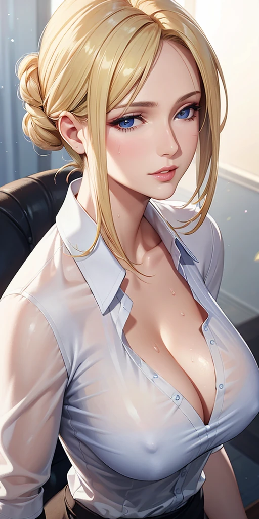 (masterpiece), Realistic, Elegant  woman, blonde, blue eyes, Soft Light, 4K resolution, Detailed, high quality, Beautiful CG,See-through shirt,Sweaty body