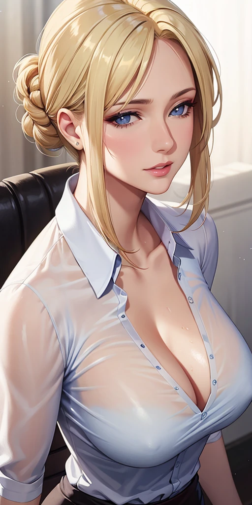 (masterpiece), Realistic, Elegant woman, blonde, blue eyes, Soft Light, 4K resolution, Detailed, high quality, Beautiful CG,See-through shirt,Sweaty body