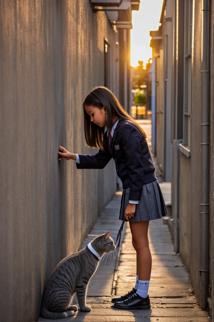 girl in school uniform petting a grey cat, alleyway, sunset, 50mm lens