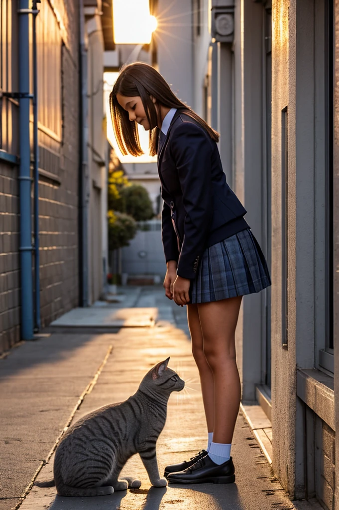girl in school uniform petting a grey cat, alleyway, sunset, 50mm lens