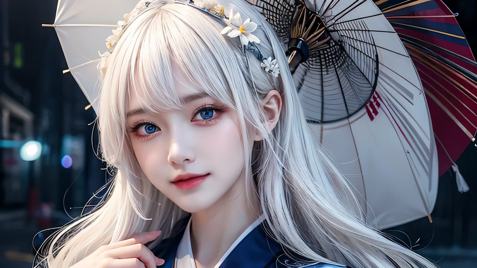 best quality, tmasterpiece, Ultra-high resolution, Clear face, （Reality： 1.4）, perfect lighting,(photorealistic: 1.50), anime wallpaper, Guviz style artwork , fantasy cover up to magic , by Yang J, Guviz, beautiful artwork illustration, beautiful digital artwork, beautiful digital illustration, Li Song, beautiful anime portrait, art style at Beauvot,illustration, ethereal and beautiful, highly detailed, CG, unity, 8k wallpaper, Amazing, fine detail, masterpiece, best quality, official art, highly detailed CG unity 8k wallpaper,absurd, extremely absurd, large file size, highly detailed , high resolution, very detailed,beautiful girl with details, very detailed eyes and face, beautiful detailed eyes,light on the face,cinematic lighting, 1girl, (white hair:1.3), long hair, Bangs, hair ornament, blue eyes, kimono, absurddress, blue kimono, Japanese clothes, umbrella, standing, upper body, (looking at viwer:1.3), smile,