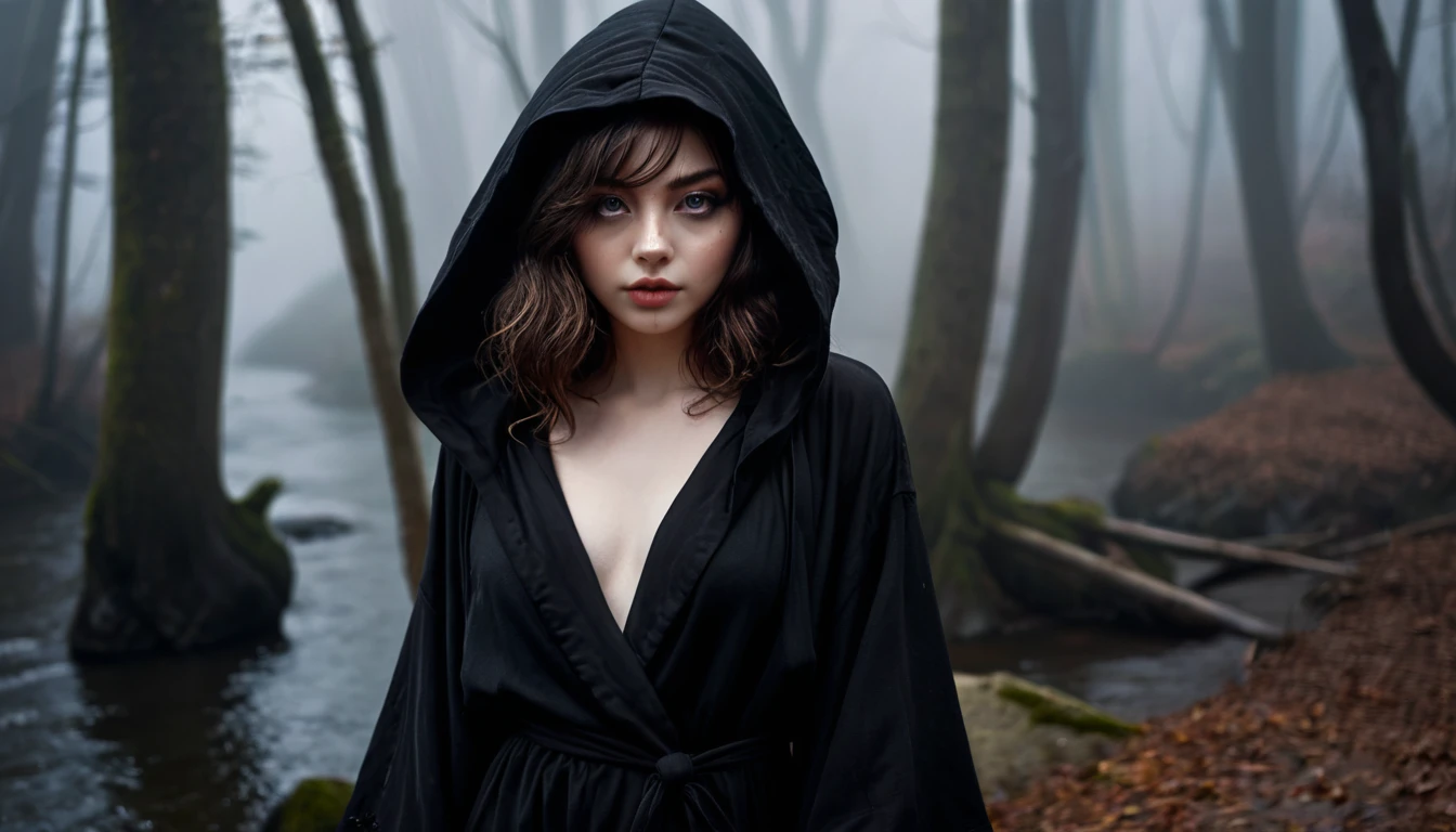 ((masterpiece, Fantasy,Only the left eye is closed,Black paint on eyelids and cheeks, Beautiful girl)), Brown hair with wavy ends,short hair,Pale skin, Black hooded robe,Heavy Robe,assassin, gray scarf, forest, Small River, fog,Thin lips,Looking down, dark, night