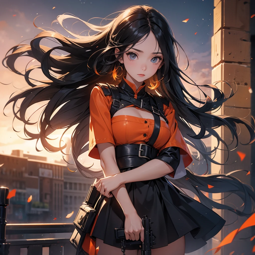 a beautiful woman with long black hair, wearing a tight orange dress, standing holding a rifle, aiming the barrel at the bad guys, on a tall building, the sun is setting, close up.